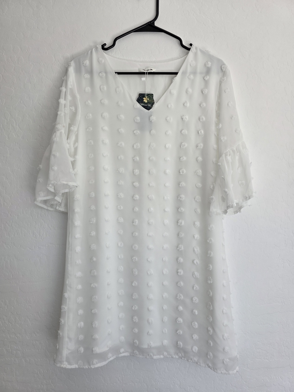 White Textured Dot Tunic Dress with V-Neck